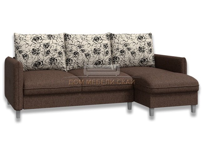 Угловой диван-кровать Лофт компакт, коричневый/рогожка/флок розы