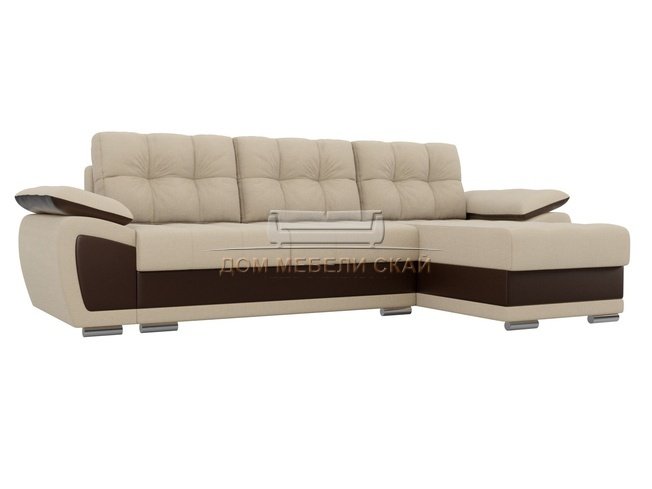 Угловой диван-кровать правый Нэстор, бежевый/коричневый/рогожка/экокожа