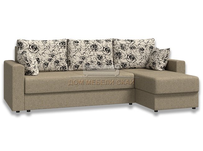 Угловой диван-кровать Лира с боковинами, бежевый/рогожка/флок розы