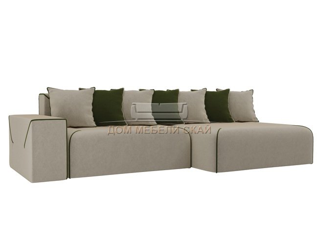 Угловой диван-кровать правый Кёльн, бежевый/зеленый/микровельвет