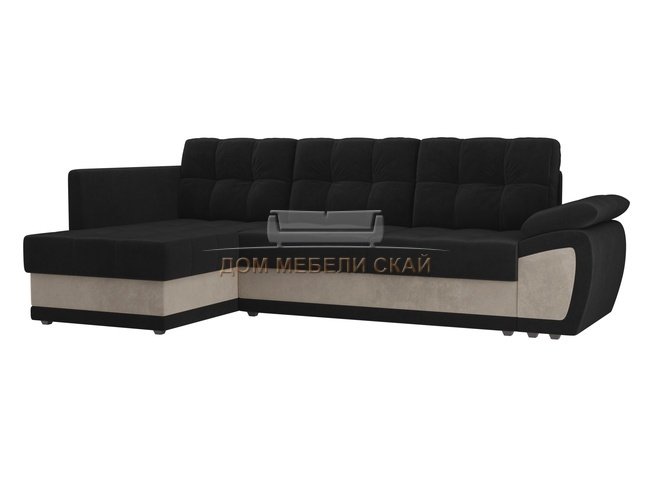 Угловой диван-кровать левый Нэстор прайм, черный/бежевый/велюр