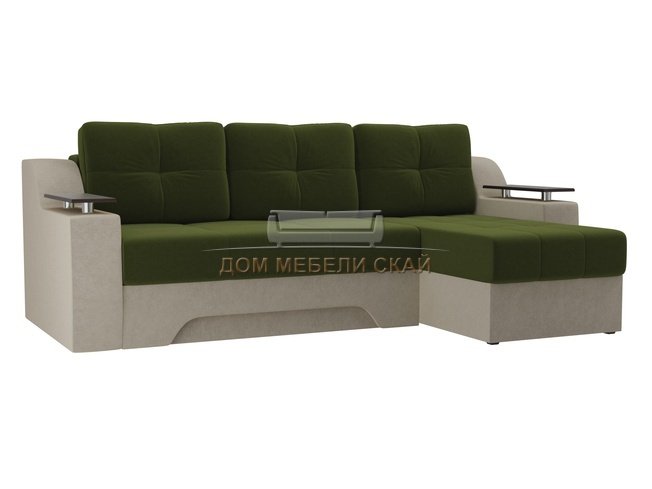 Угловой диван-кровать правый Сенатор, зеленый/бежевый/микровельвет