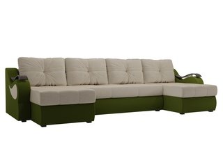 П-образный угловой диван Меркурий, бежевый/зеленый/микровельвет