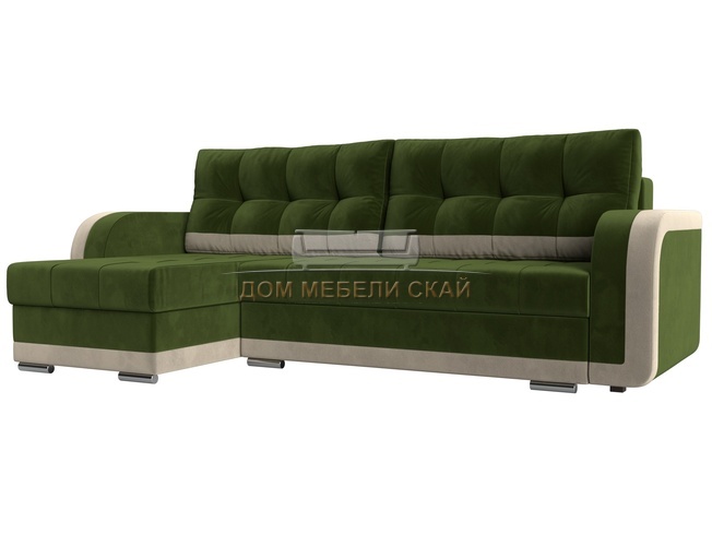 Угловой диван-кровать левый Марсель, зеленый/бежевый/микровельвет