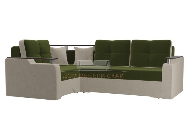 Угловой диван-кровать левый Комфорт, зеленый/бежевый/микровельвет