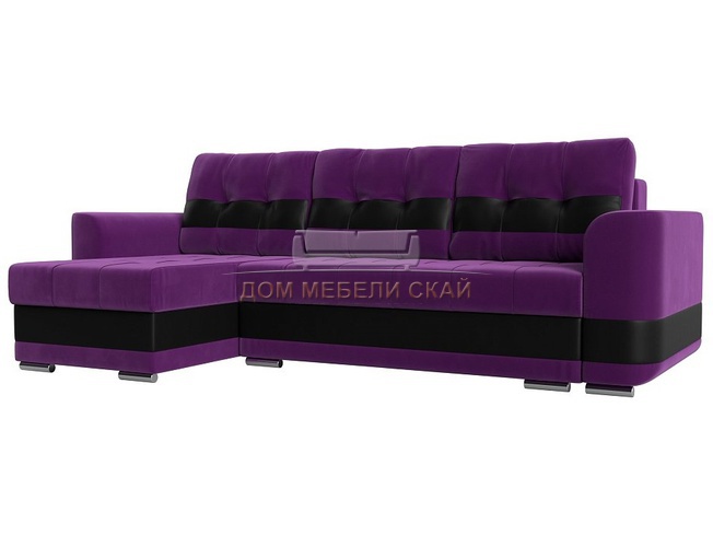 Угловой диван-кровать левый Честер, фиолетовый/черный/микровельвет/экокожа