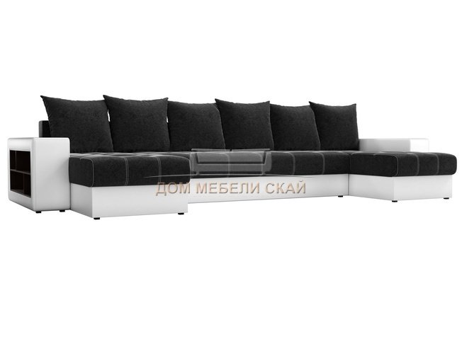 П-образный угловой диван Дубай, черный/белый/микровельвет/экокожа