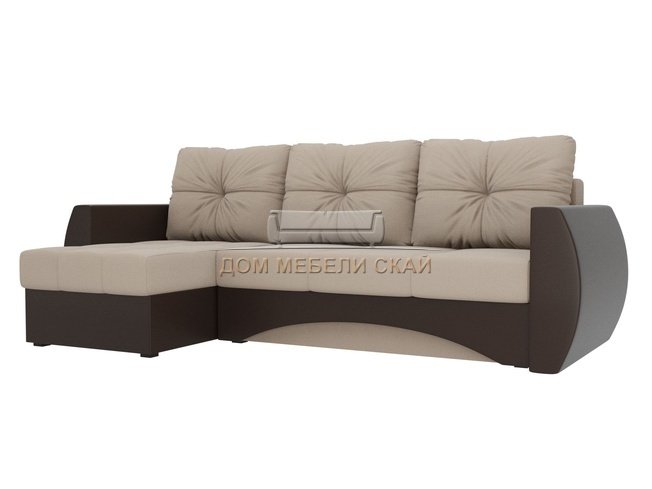 Угловой диван-кровать левый Сатурн, бежевый/коричневый/рогожка/экокожа