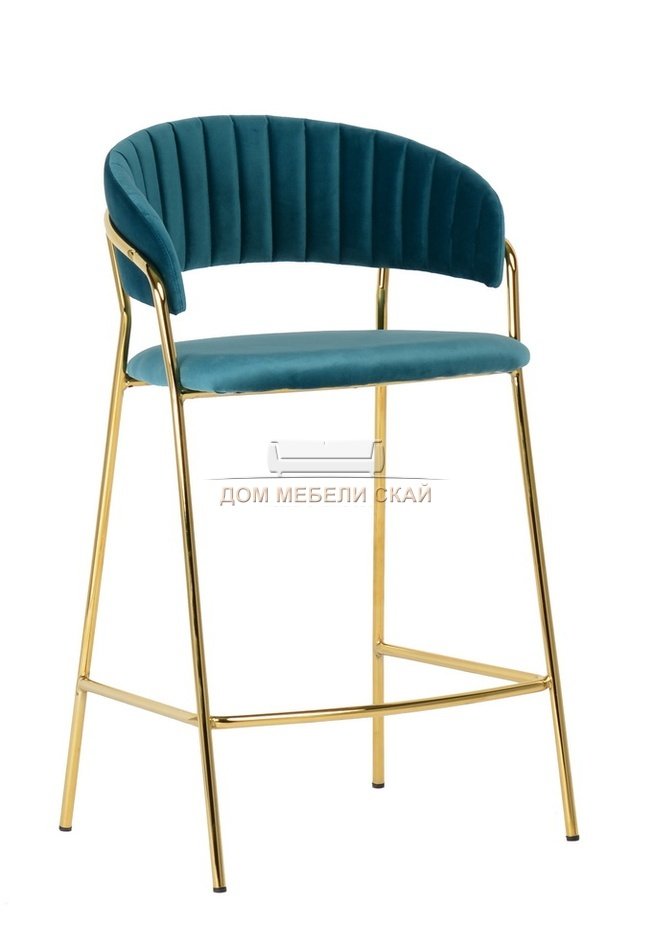 Барный стул Turin, велюровый синего цвета c золотыми ножками