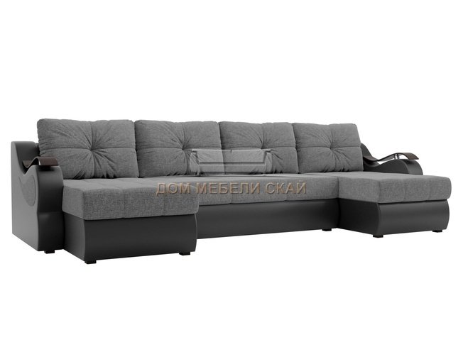 П-образный угловой диван Меркурий, серый/черный/рогожка/экокожа
