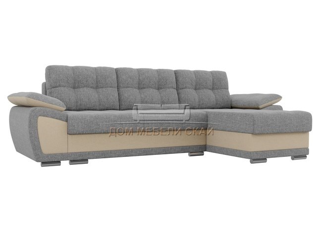 Угловой диван-кровать правый Нэстор, серый/бежевый/рогожка/экокожа