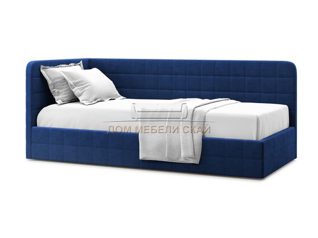 Кровать-кушетка мягкая Tichina 90x200 с ПМ, левая/синий велюр velutto 26