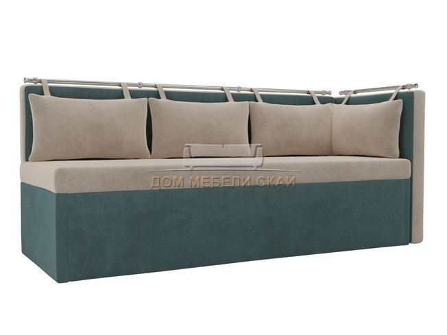 Кухонный угловой диван со спальным местом правый Метро, бежевый/бирюзовый/велюр