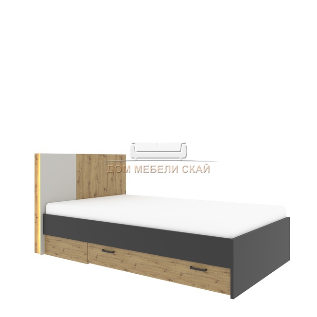 Кровать Kubo полутороспальная 120х200 с ящиком, дуб артизан/чёрный матовый/холодный серый