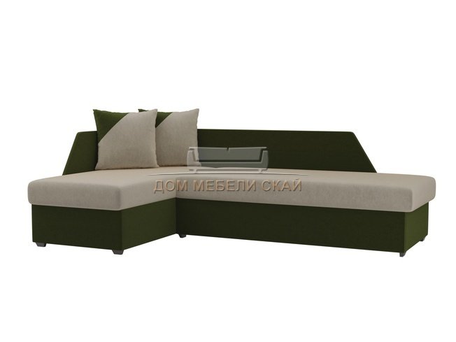 Угловой диван-кровать левый Андора, бежевый/зеленый/микровельвет