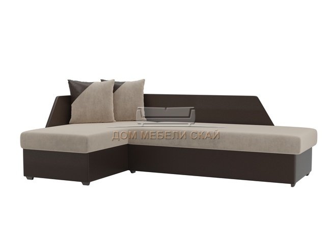 Угловой диван-кровать левый Андора, бежевый/коричневый/велюр/экокожа