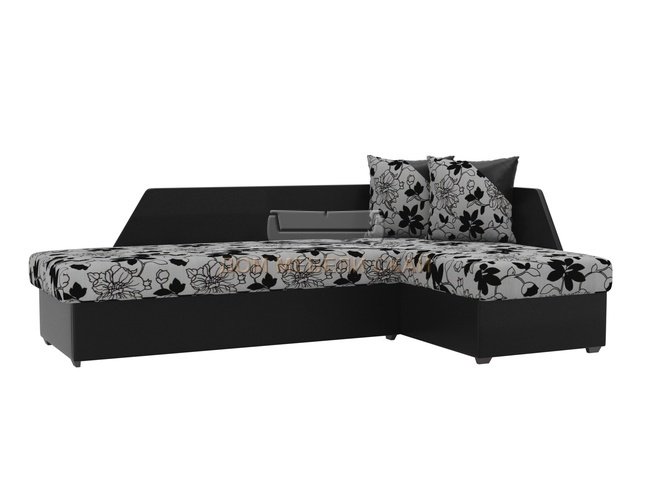 Угловой диван-кровать правый Андора, цветы/черный/флок на рогожке/экокожа