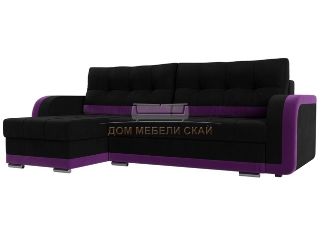 Угловой диван-кровать левый Марсель, черный/фиолетовый/микровельвет