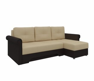 Угловой диван-кровать правый Леон, бежевый/коричневый/экокожа
