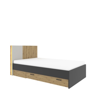 Кровать Kubo односпальная 90х200 с ящиком, дуб артизан/чёрный матовый/холодный серый