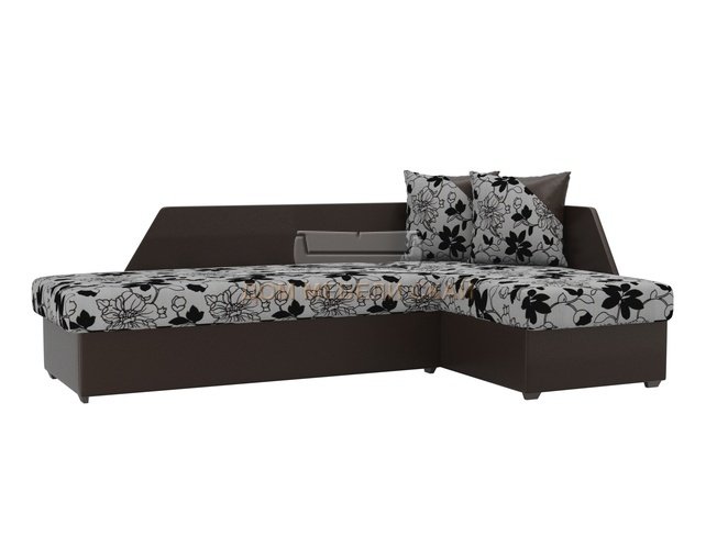 Угловой диван-кровать правый Андора, цветы/коричневый/флок на рогожке/экокожа