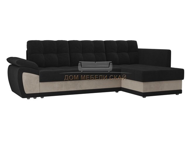 Угловой диван-кровать правый Нэстор прайм, черный/бежевый/велюр