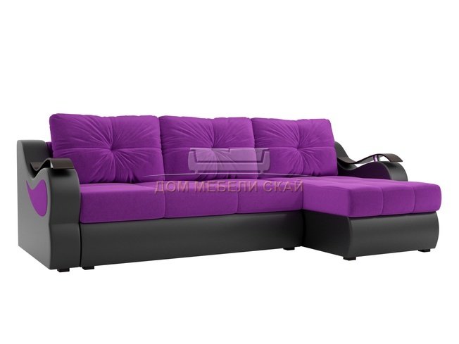 Угловой диван-кровать правый Меркурий, фиолетовый/черный/микровельвет/экокожа