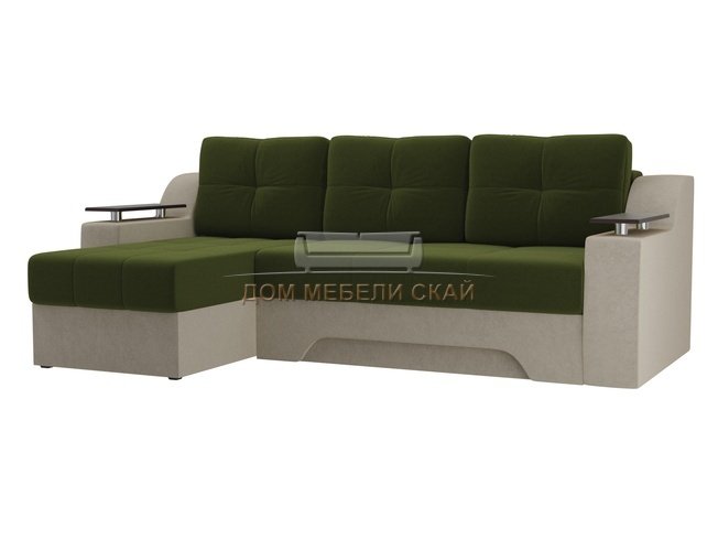 Угловой диван-кровать левый Сенатор, зеленый/бежевый/микровельвет