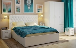 Комплект спальни Лофтум с мягкой кроватью, белая экокожа