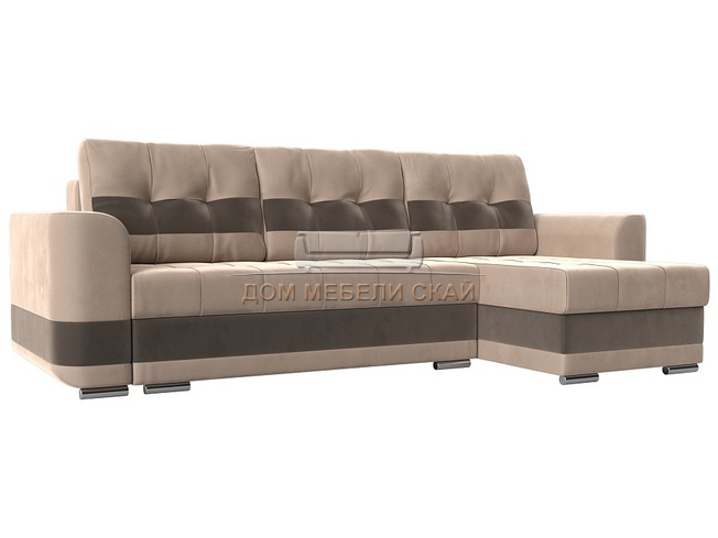 Угловой диван-кровать правый Честер, бежевый/коричневый/велюр