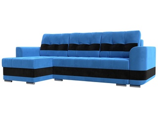 Угловой диван-кровать левый Честер, голубой/черный/велюр