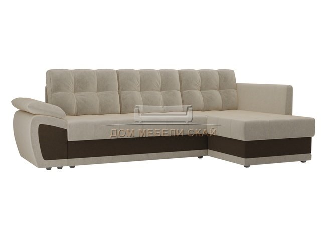 Угловой диван-кровать правый Нэстор прайм, бежевый/коричневый/микровельвет