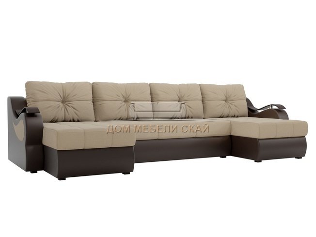 П-образный угловой диван Меркурий, бежевый/коричневый/рогожка/экокожа
