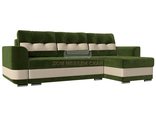 Угловой диван-кровать правый Честер, зеленый/бежевый/микровельвет/экокожа