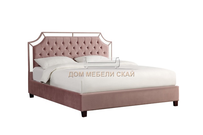 Кровать двуспальная 180х200 с зеркальными вставками, пепельно-розовый велюр
