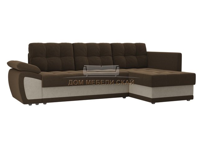 Угловой диван-кровать правый Нэстор прайм, коричневый/бежевый/микровельвет