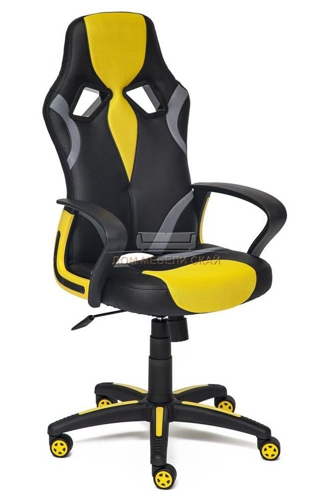 Кресло офисное Ранер Runner, черная экокожа/желтая сетка