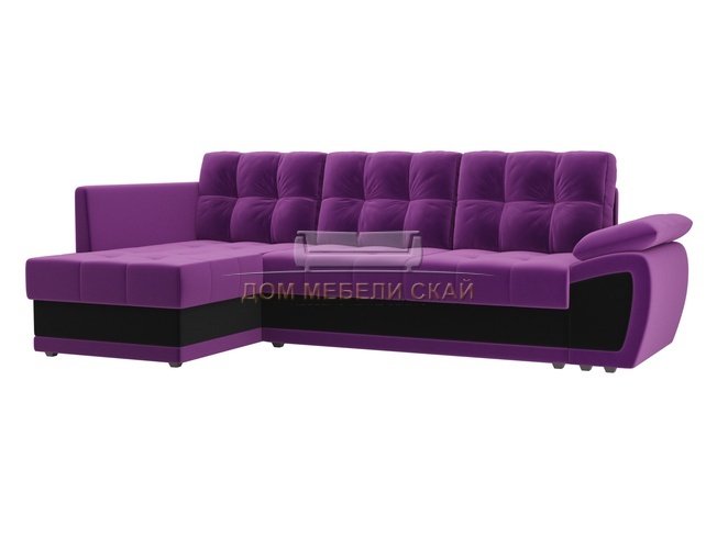 Угловой диван-кровать левый Нэстор прайм, фиолетовый/черный/микровельвет