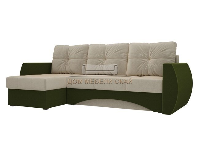 Угловой диван-кровать левый Сатурн, бежевый/зеленый/микровельвет