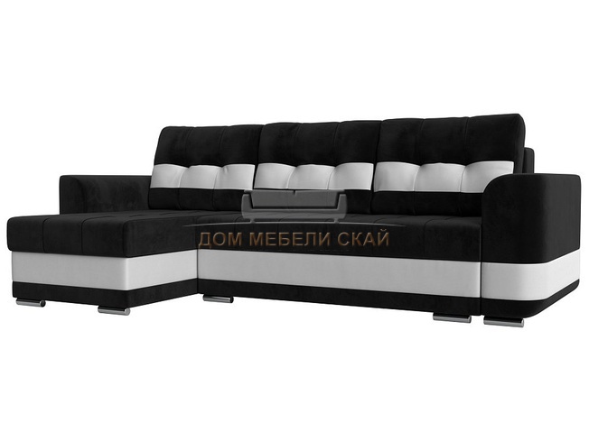 Угловой диван-кровать левый Честер, черный/белый/велюр/экокожа