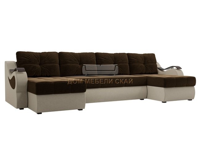 П-образный угловой диван Меркурий, коричневый/бежевый/микровельвет