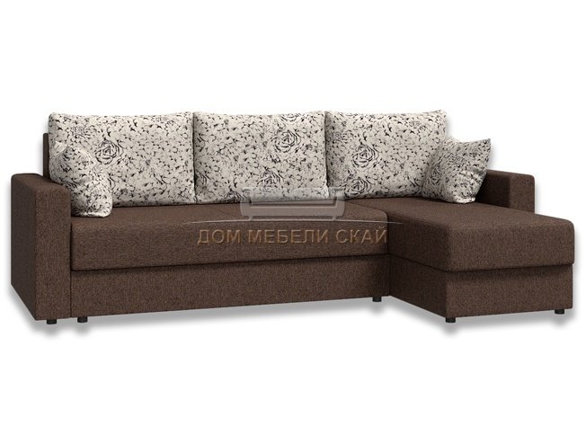 Угловой диван-кровать Лира с боковинами, коричневый/рогожка/велюр розы