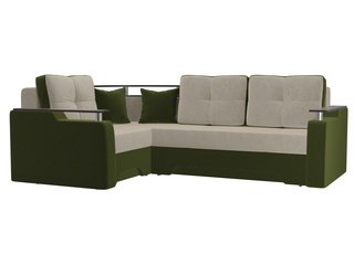 Угловой диван-кровать левый Комфорт, бежевый/зеленый/микровельвет