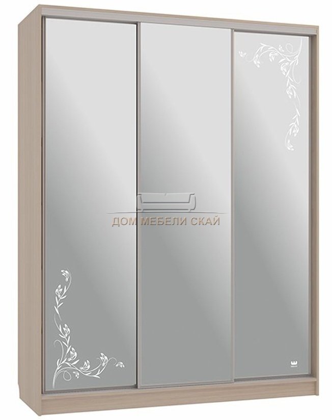 Шкаф-купе 3-дверный зеркальный Бассо 4-600, дуб млечный/цветы 2