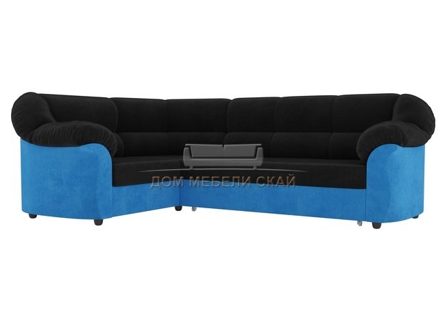 Угловой диван-кровать левый Карнелла, черный/голубой/велюр