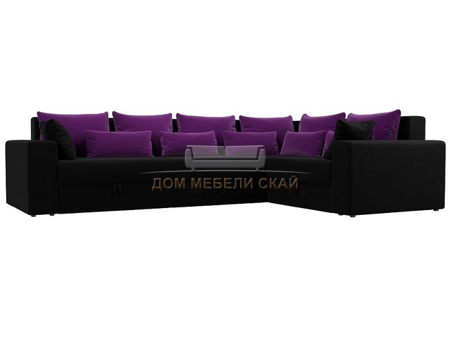 Угловой диван-кровать правый Майами Long, черный/фиолетовый/микровельвет