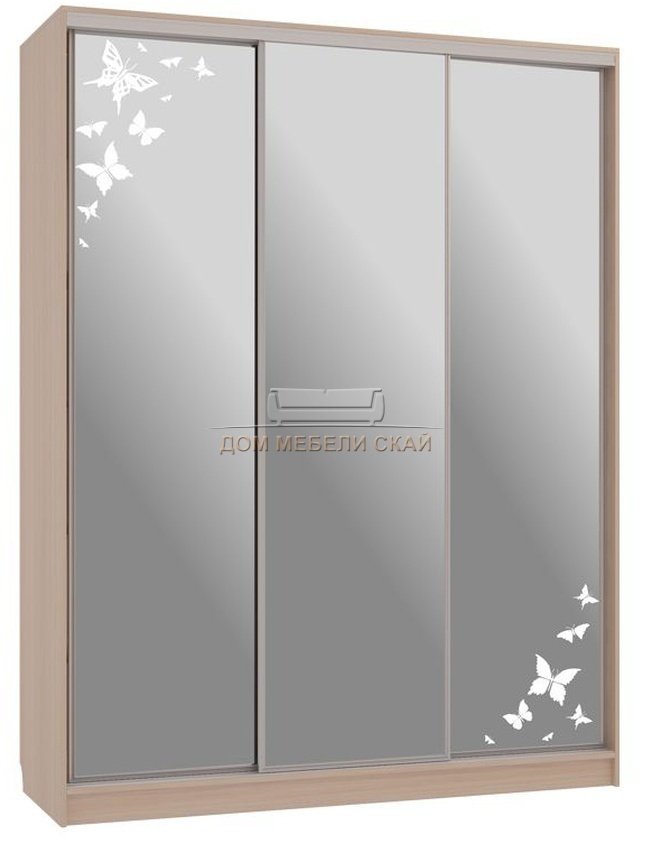 Шкаф-купе 3-дверный зеркальный Бассо 4-600, дуб млечный/бабочки