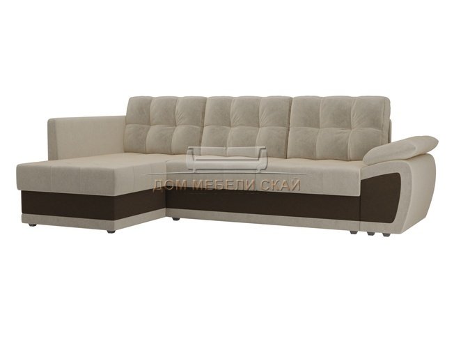 Угловой диван-кровать левый Нэстор прайм, бежевый/коричневый/микровельвет