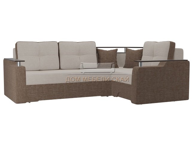 Угловой диван-кровать правый Комфорт, бежевый/коричневый/рогожка