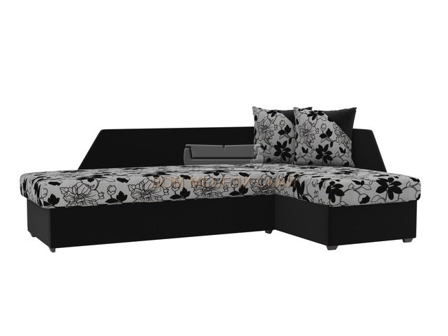 Угловой диван-кровать правый Андора, цветы/черный/флок на рогожке/микровельвет